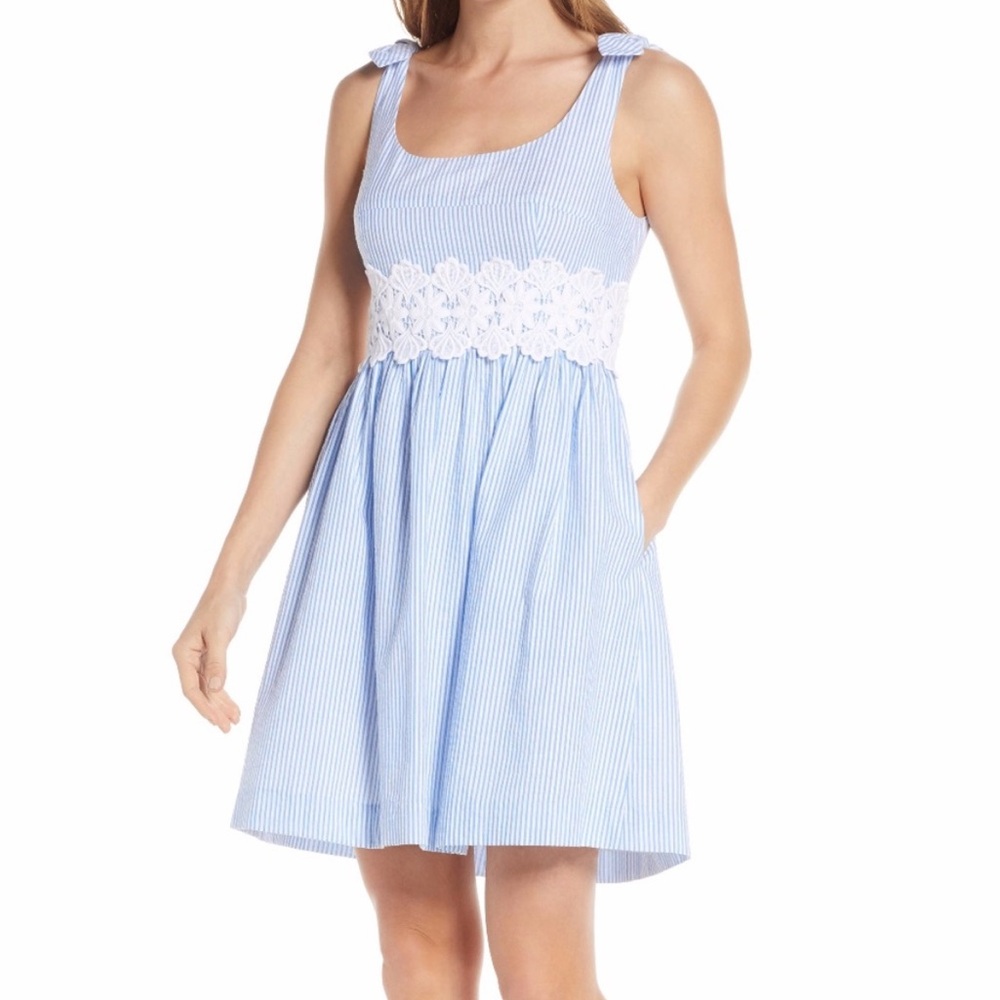 Lilly Pulitzer Coastal Blue Seersucker Dress with Lace